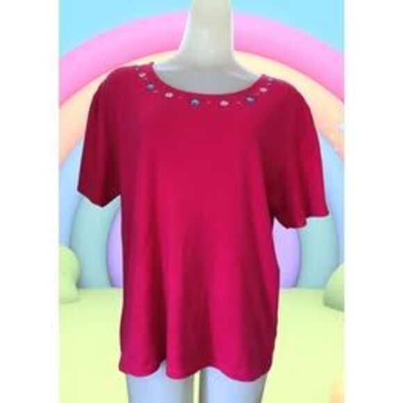 Vintage 1990s Bright Fuchsia Pink T-Shirt, Floral Embroidery, Beads, Medium - Picture 1 of 4